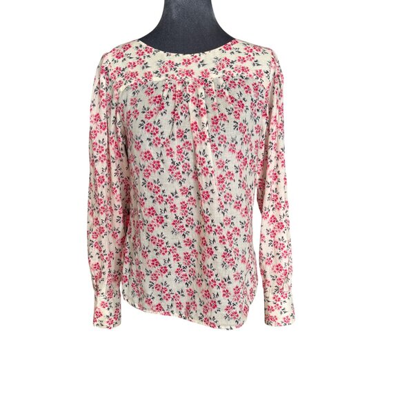Rebecca Taylor Small Floral Print Long Sleeve Blouse 100% Cotton Ivory & Pink - Picture 2 of 7